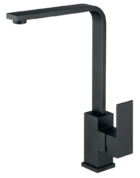 Imperial luxury matte black square kitchen mixer tap with flat tube spout, modern single lever sink faucet for smooth water flow and contemporary kitchens.