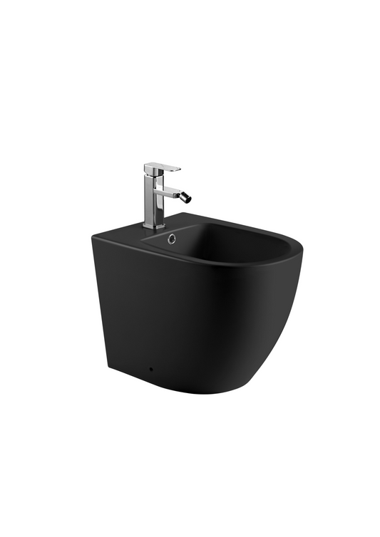 Matte black floor standing bidet with modern ceramic design, durable finish, and hygienic bathroom sanitation feature