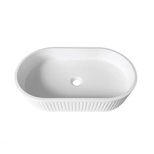 Matte white 570mm round countertop wash basin with modern ceramic construction and smooth finish