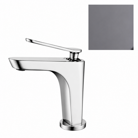 Modern gunmetal grey basin mixer tap with zinc handles for contemporary bathroom vanities