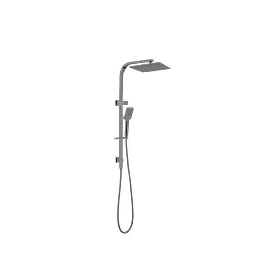 Gunmetal grey square rain shower set with overhead rainfall shower, handheld spray, and modern bathroom design