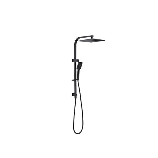 Matte black square rain shower set with overhead rainfall shower, handheld spray, and modern bathroom design