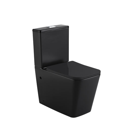 Square rimless two piece toilet with dual flush system and modern bathroom design for hygienic and water-efficient performance