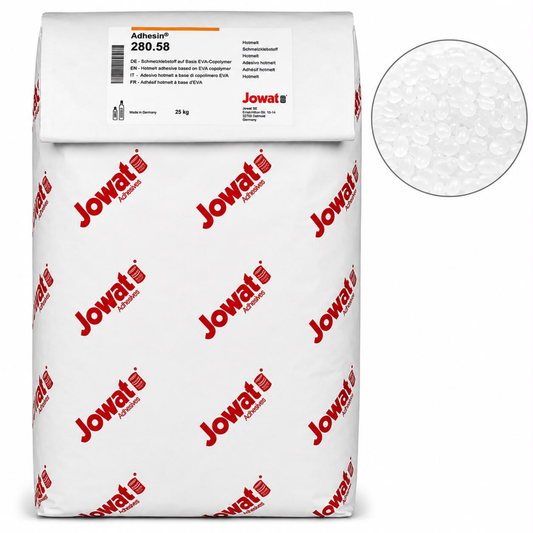 Jowat 280.58 clear 25kg EVA hot melt glue for edgebanding with strong adhesion, clean machining, and fast setting.