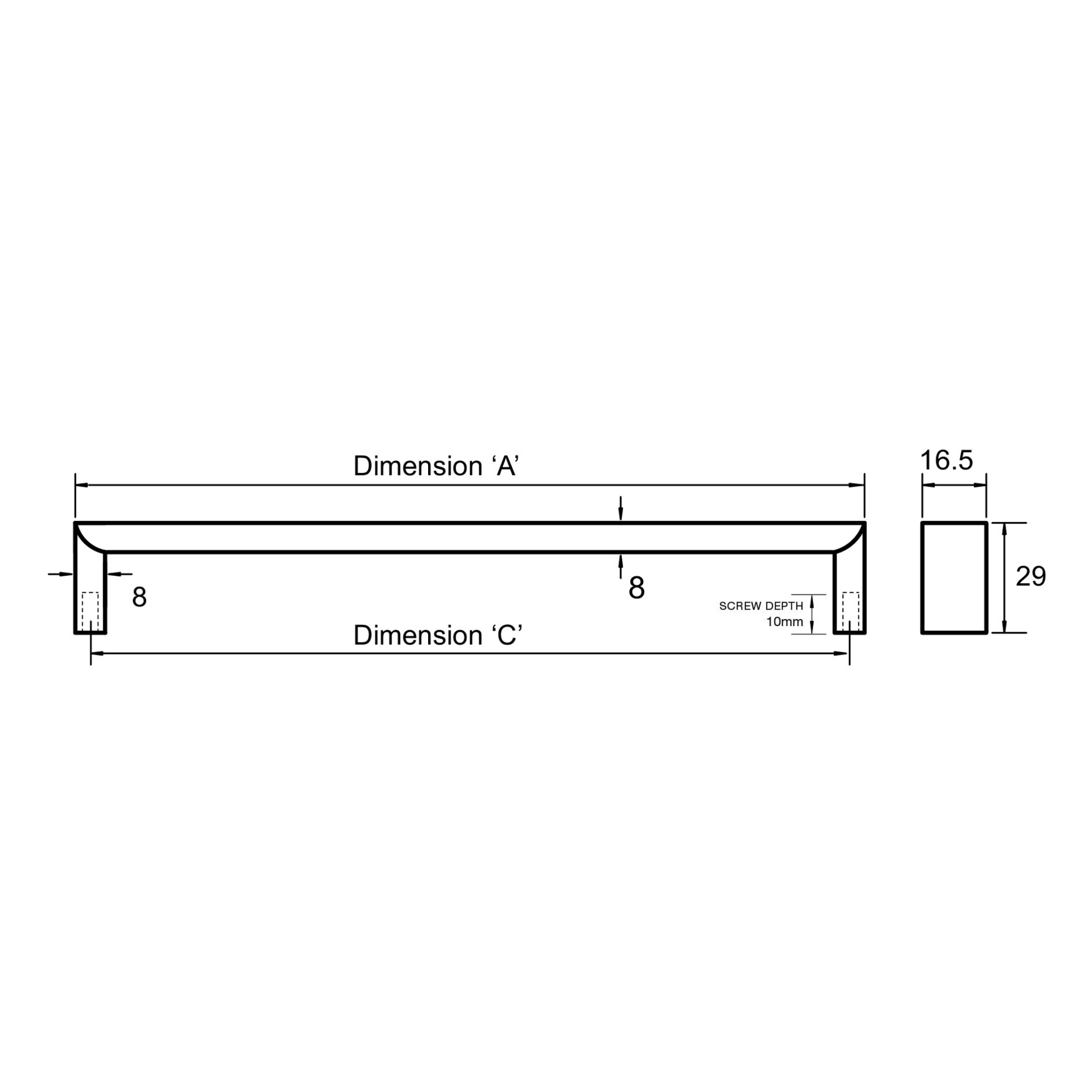 Kethy 16.5mm polished stainless steel flat top handle – modern slim cabinet handle for kitchens, wardrobes, and furniture