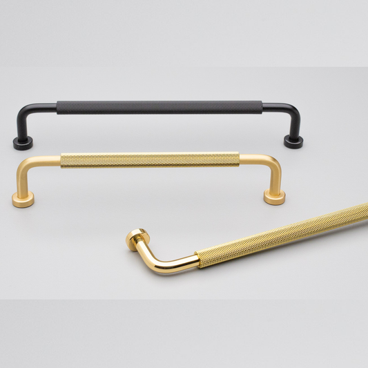 Kethy Bugle solid brass knurled cabinet and drawer handle in polished brass or matt black finish