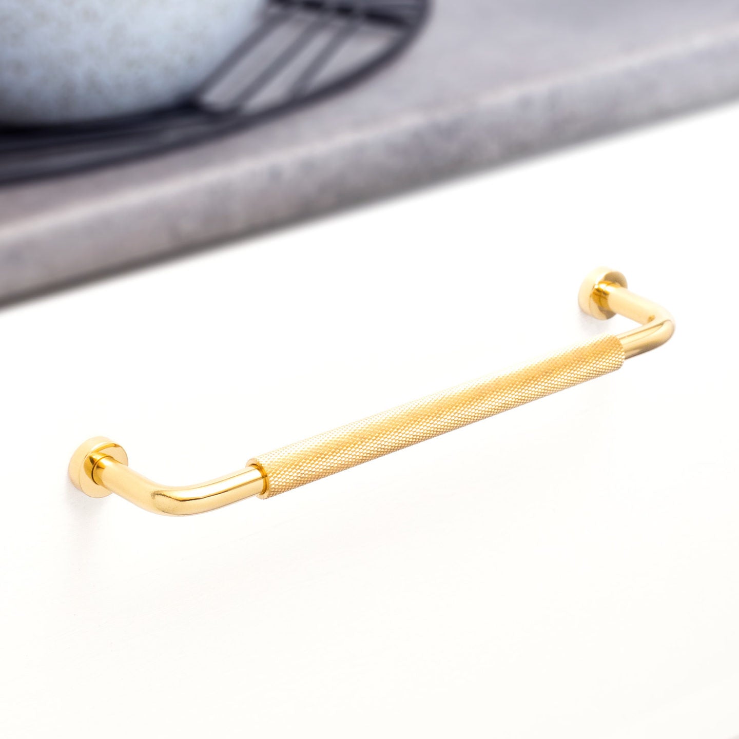 Kethy Bugle solid brass knurled cabinet and drawer handle in polished brass or matt black finish