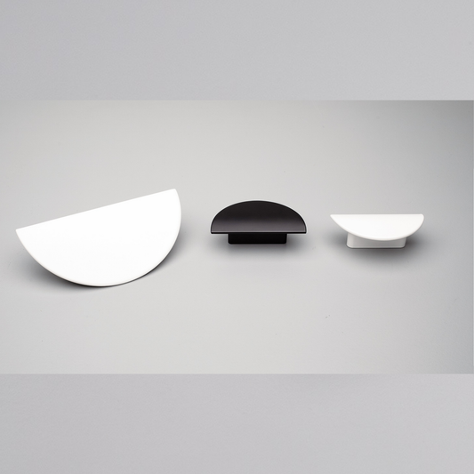 Kethy Moon die-cast zinc cabinet and drawer handle in Black Matt, White and Brushed Rose Brass finishes – sizes 32 mm & 64 mm