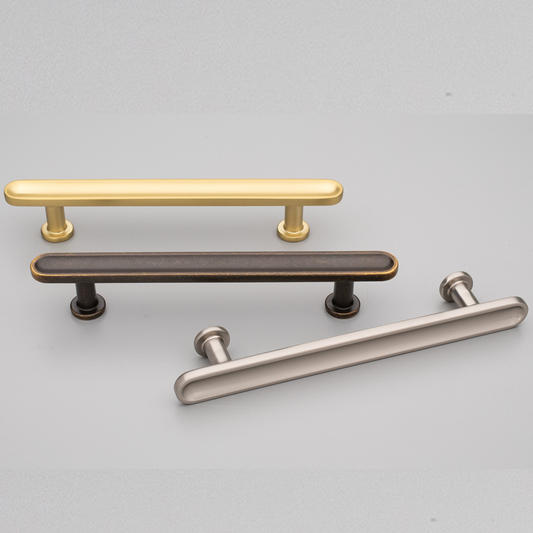 Kethy Randers die-cast zinc cabinet pull handle in Antique Brown, Dark Brushed Gold, and Stainless Effect finishes