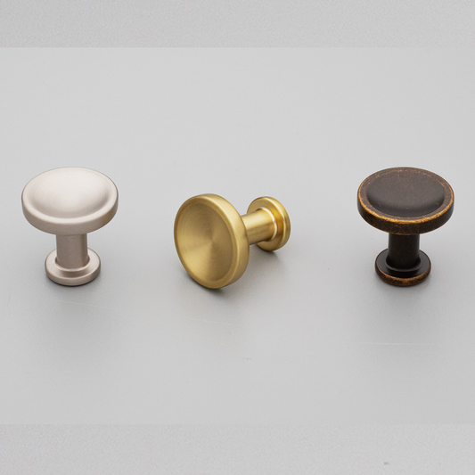 Kethy Randers die‑cast zinc cabinet and furniture knob in Antique Brown, Dark Brushed Gold, and Stainless finishes