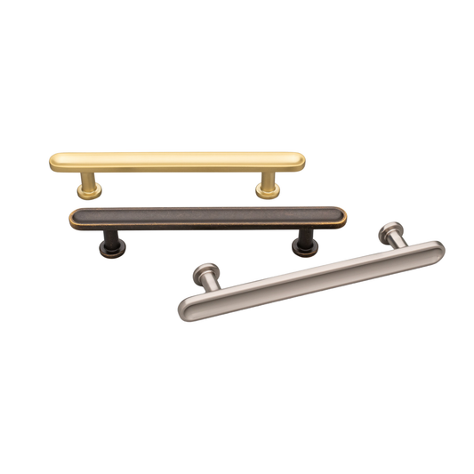 Kethy Randers die-cast zinc cabinet pull handle in Antique Brown, Dark Brushed Gold, and Stainless Effect finishes
