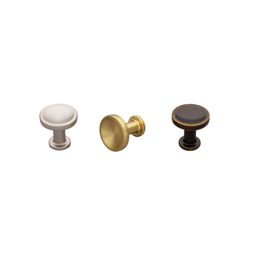 Kethy Randers die‑cast zinc cabinet and furniture knob in Antique Brown, Dark Brushed Gold, and Stainless finishes