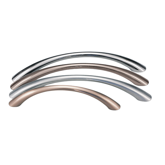 Kethy tapered bow handle in stainless steel finish, modern cabinet pull handle for kitchen cupboards, drawers, and furniture doors