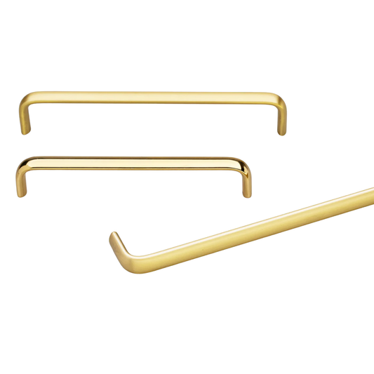 Kethy Trumpet solid brass cabinet and drawer handle in polished brass gloss or brass matt finish, available in 128mm, 160mm, 224mm centres