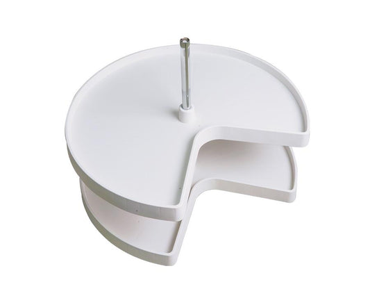 Rotating corner cabinet shelf in white finish for optimised kitchen storage and accessibility