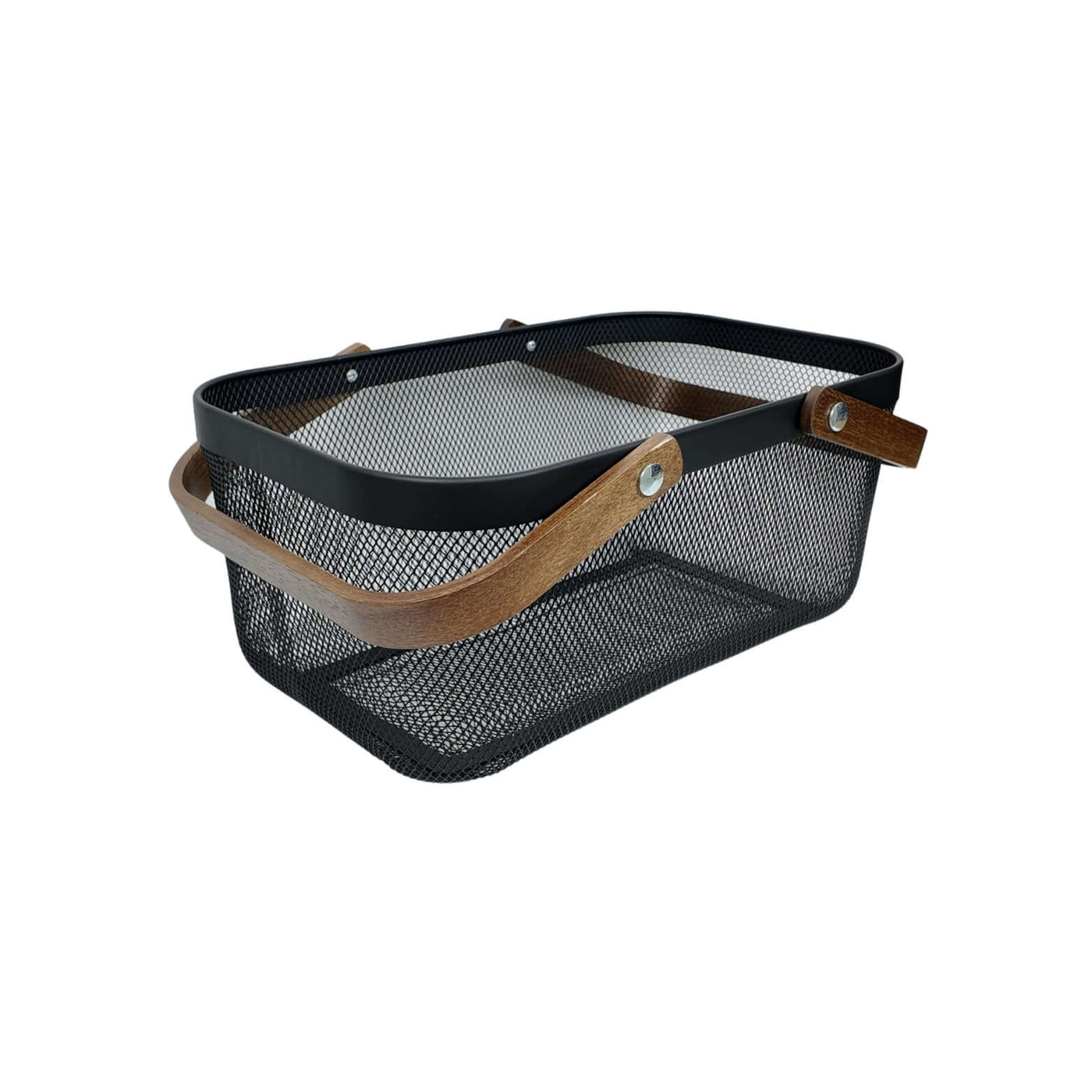 Black Mesh Large Handy Storage Basket – Acacia Handle