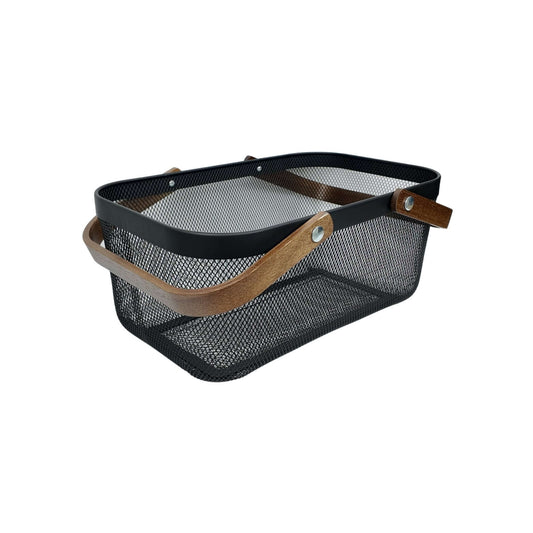 Black Mesh Large Handy Storage Basket – Acacia Handle-0
