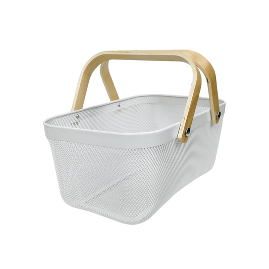 Large White Mesh Basket with Wooden Handles-0