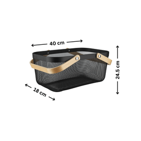Large Black Handy Storage Basket with Wooden Handle