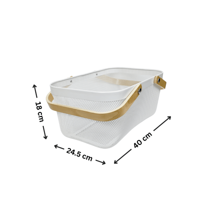 Large White Mesh Basket with Wooden Handles-2