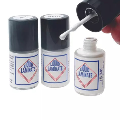 White liquid laminate repair 15 ml bottle for fixing small chips and imperfections in melamine and laminate surfaces