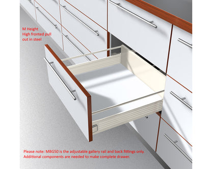 Blum METABOX Longside Gallery Rail In Cream. Size: 500mm. Includes: 2 Gallery Rods And 2 Gallery Back Fixings ZRE.471S.ID