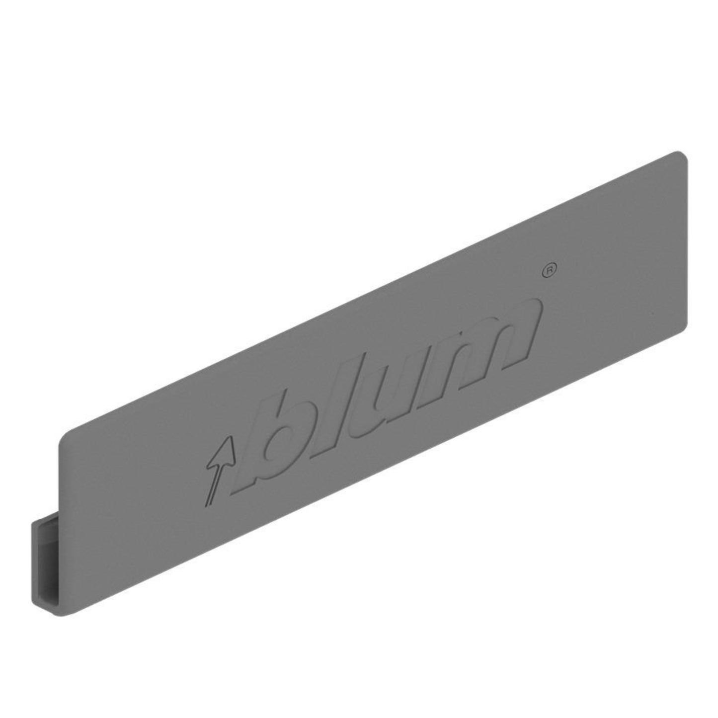 Blum MERIVOBOX external cover cap in indium grey for modern drawer systems, finishing hardware for cabinetry