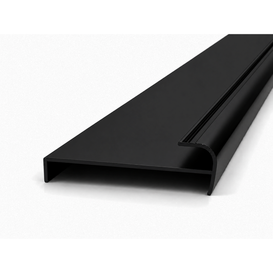 Matt black aluminium return jamb profile for wardrobe framing systems, providing structural support, clean finishing, and smooth sliding wardrobe door installation