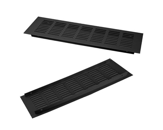 300 x 80mm matt black aluminium multi-function vent for cabinets, wardrobes, and furniture, providing improved airflow and ventilation.