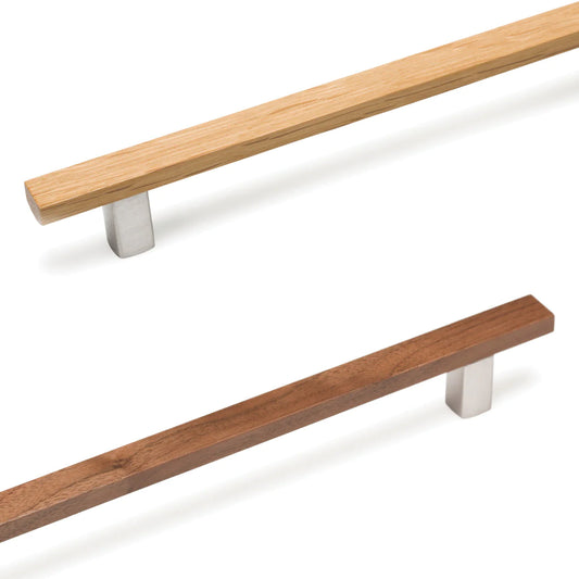 Momo Ara timber D-handle cabinet pull in oak with aluminium posts – minimalist wood grain kitchen and wardrobe hardware