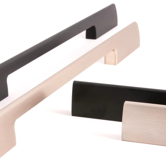 Momo Vieste modern aluminium D handle cabinet pull with curved top design, sleek contemporary kitchen drawer and furniture hardware