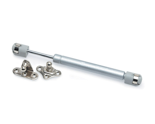 255mm overhead stay gas lift mechanism in grey, heavy-duty steel, 100 N force, supports cabinet doors up to 12 kg, ideal for kitchen and storage cabinets