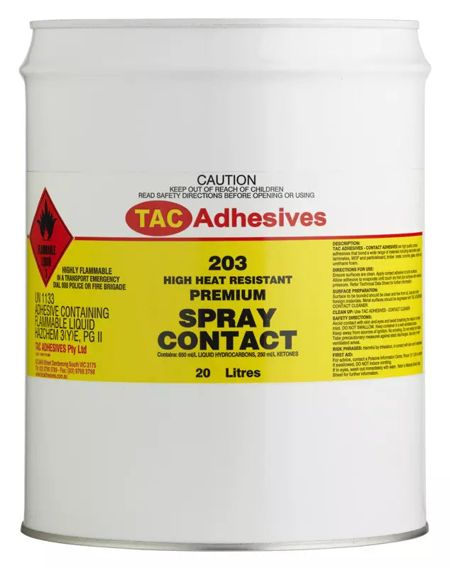 TAC ADHESIVE 203 SPRAY CONTACT HIGH HEAT-CLEAR 20 LITRE