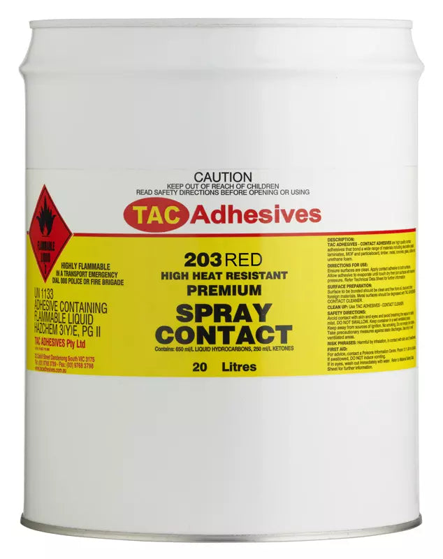 TAC ADHESIVE 203 SPRAY CONTACT HIGH HEAT-RED 20 LITRE
