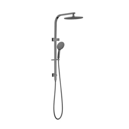 Gunmetal grey round multifunction shower set with overhead rain shower, handheld spray, and modern bathroom design