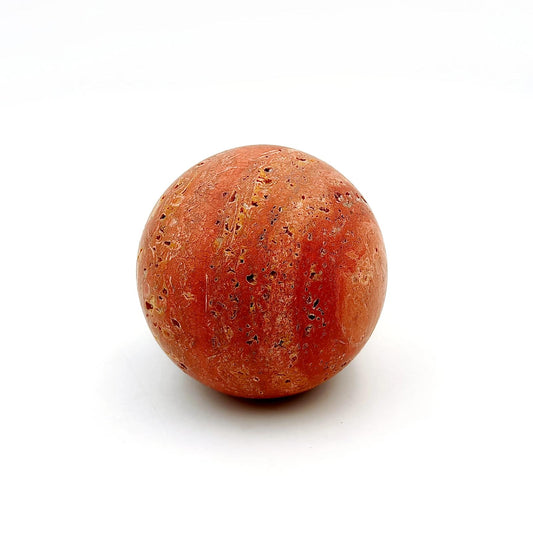 Red Travertine polished decorative sphere 100mm crafted from solid natural stone with rich red tones and natural veining, ideal for home décor, coffee tables, shelves, offices, and luxury interior styling.