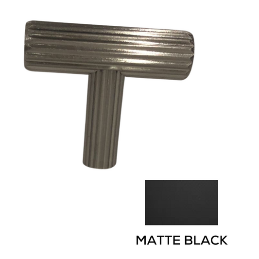 ribbed T knob handle made from aluminium for cabinets, wardrobes, and drawers, featuring textured grip design for modern furniture and joinery applications