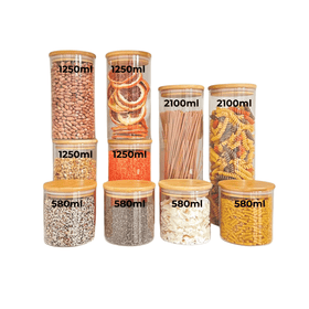 Round Bamboo Glass Jars Small Pantry Set – 10 Pack