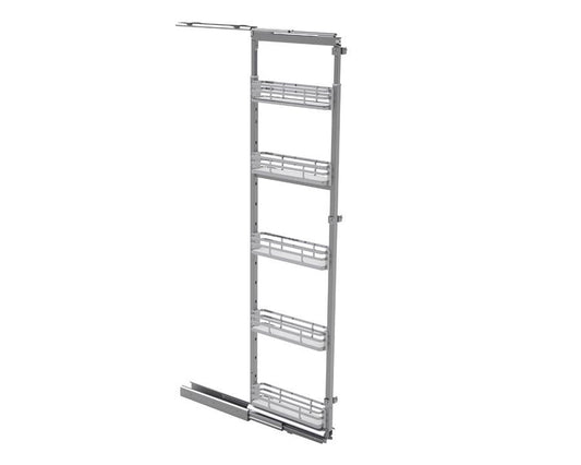 SIGE 200mm pull-out soft close pantry system with 5 chrome baskets, includes 80kg heavy-duty runners and brackets for compact kitchen storage, smooth access, and durable space-saving organisation solution