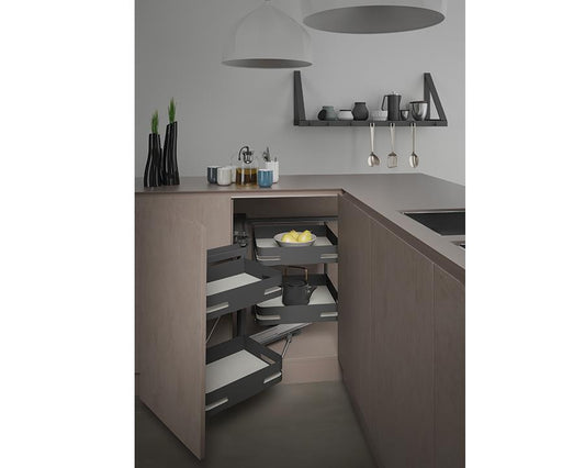 SIGE Materia 4-basket soft close corner pull-out system in Orion Grey with Silver Grey base, left-hand application for 900mm carcase, space-saving kitchen storage solution designed for smooth access and organised cabinet organisation