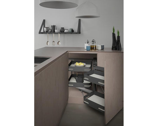 SIGE Materia 4-basket soft close corner pull-out system in Orion Grey with Silver Grey base, right-hand application for 900mm carcase, space-saving kitchen storage solution designed for smooth access and organised cabinet organisation
