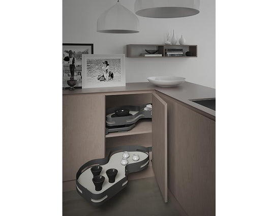 SIGE Materia kidney shelf set in Orion Grey with Silver Grey base, left-hand application for 900mm carcase, 2 rotating corner shelves with 20kg capacity per shelf for organised kitchen storage and smooth access