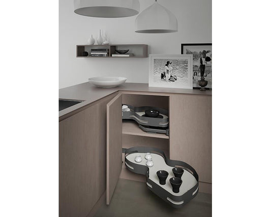 SIGE Materia kidney shelf set in Orion Grey with Silver Grey base, right-hand application for 900mm carcase, 2 rotating corner shelves with 20kg capacity per shelf for organised kitchen storage and smooth access