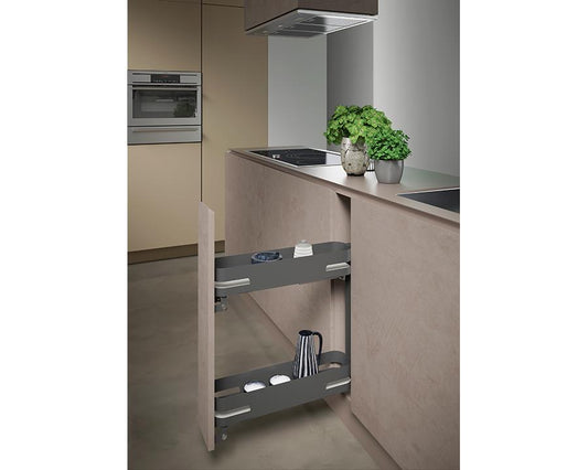 SIGE Materia left-hand side mount soft close bottle rack in Orion Grey with Silver Grey base for 150mm carcase, pull-out kitchen storage system designed for bottles, condiments, smooth access, and efficient space-saving organisation