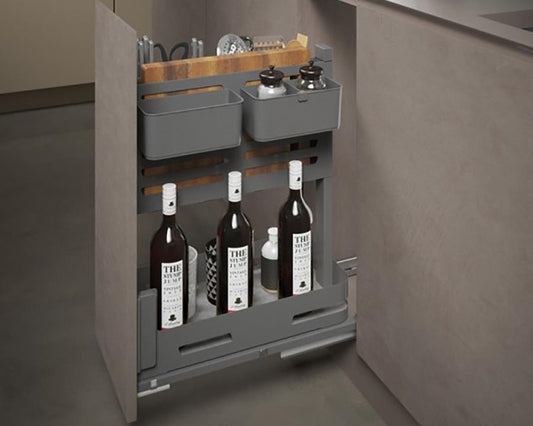 SIGE Materia pull-out organiser in Orion Grey for 300mm carcase, soft-close kitchen storage system with 30kg capacity designed for bottles, pantry items, and organised cabinet storage with smooth access and premium functionality
