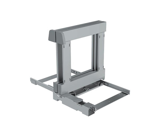 SIGE Spazio 4-corner pull-out system frame in silver, space-saving corner kitchen storage solution designed for smooth access and efficient use of blind corner cabinet space
