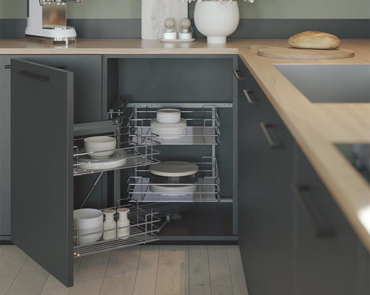 SIGE Valore left-hand corner pull-out basket system for 900mm cabinet, chrome kitchen storage solution designed for smooth access, organised corner storage, and efficient space-saving functionality