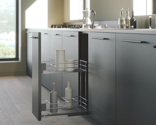 SIGE Valore pull-out basket system for 300mm cabinet, chrome soft-close kitchen storage unit with 2 baskets designed for smooth access, durable organisation, and space-saving cabinet storage