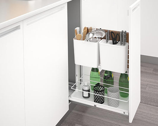 SIGE Valore pull-out organiser in white for 300mm carcase, soft-close kitchen storage system designed for smooth access, durable construction, and efficient space-saving cabinet organisation