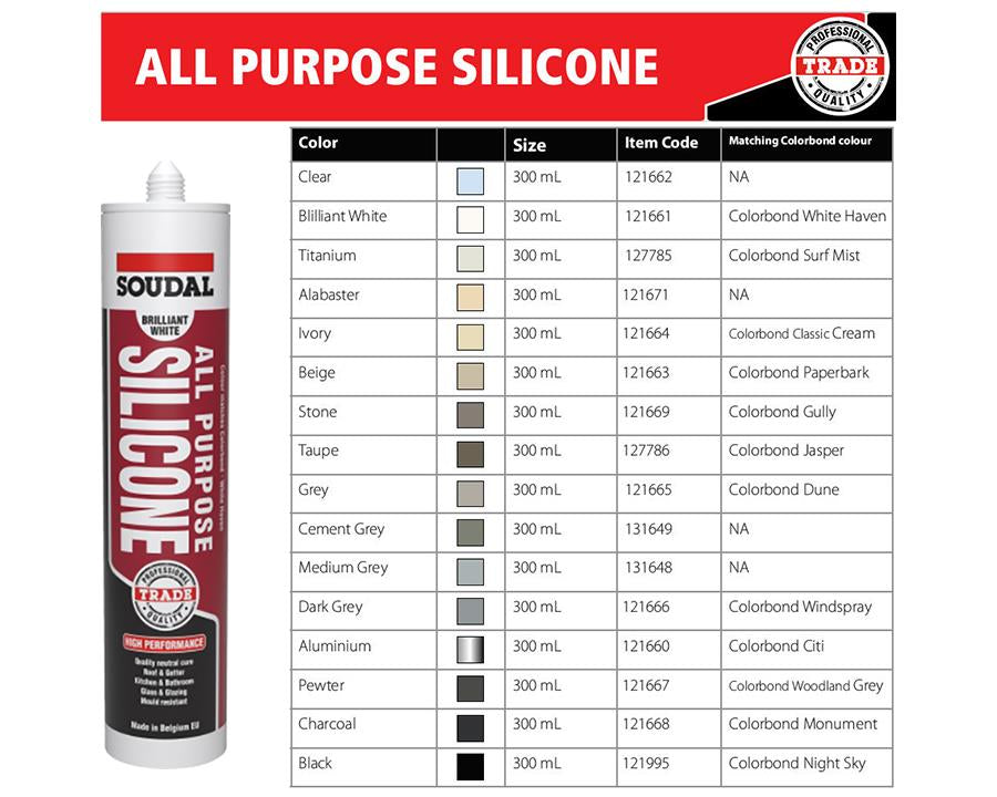 Soudal All Purpose Silicone - Aluminium 300ml (Colorbond Citi)
